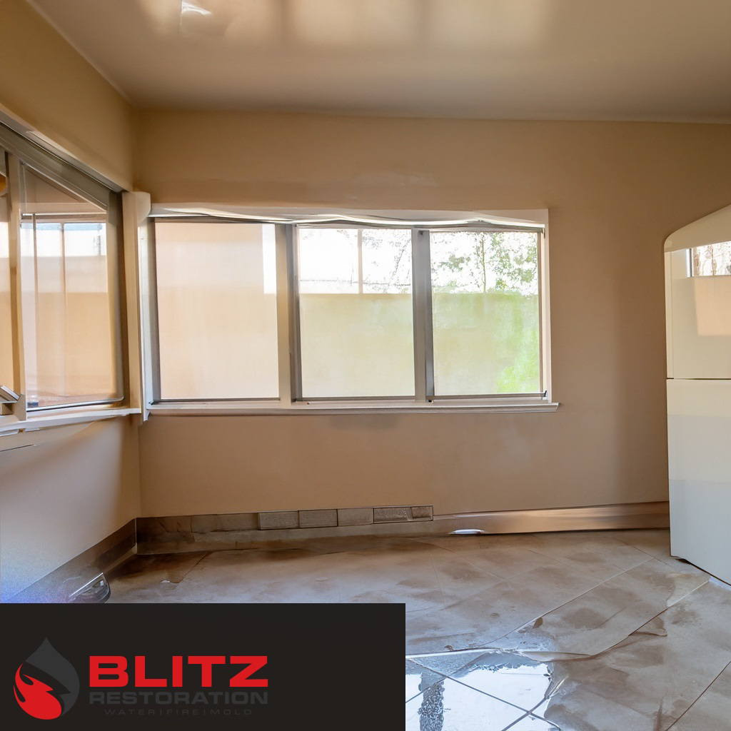 A room with standing water on the floor, showing water damage requiring restoration by Blitz Restoration in Edmond, OK.