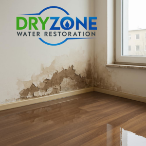 Water damaged room with peeling walls and standing water on the floor, Dryzone Water Restoration and Remodel, Naples, FL.