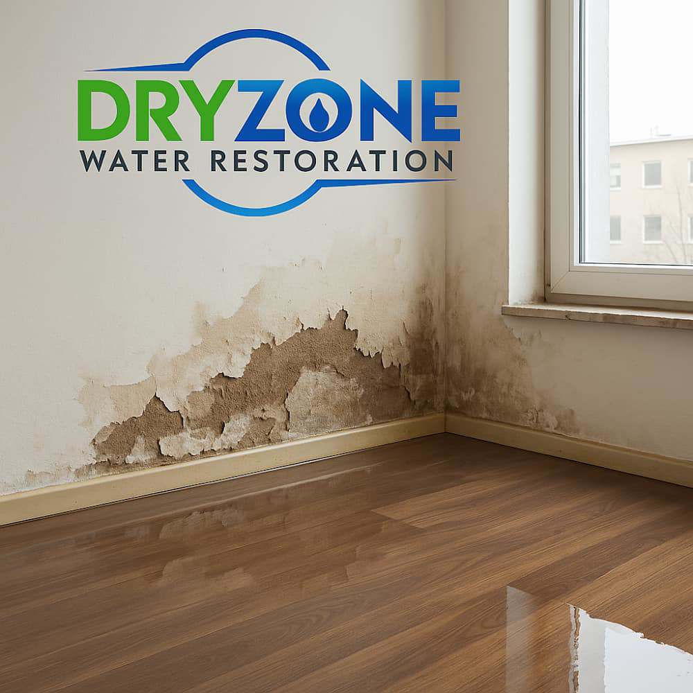 Water damaged room with peeling walls and standing water on the floor, Dryzone Water Restoration and Remodel, Naples, FL.