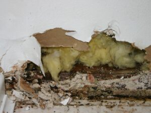 A damaged wall and ceiling corner with exposed insulation and dark discoloration from water damage and potential mold, remediated by A1 Restoration of Spokane in Post Falls, ID.