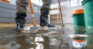 A person in rubber boots using a squeegee to remove standing water from a flooded floor, a service provided by Flood Pros in Sandy, UT.