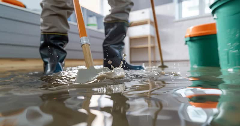 A person in rubber boots using a squeegee to remove standing water from a flooded floor, a service provided by Flood Pros in Sandy, UT.