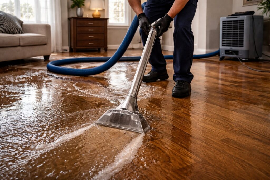 A water damage specialist performing water extraction on a flooded wooden floor at Seco Water Damage Restoration in Sterling Heights, MI.