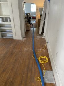 Water extraction hoses and power cords laid across a hardwood floor during water damage restoration by Healthy Interior Solutions in Fishers, IN.