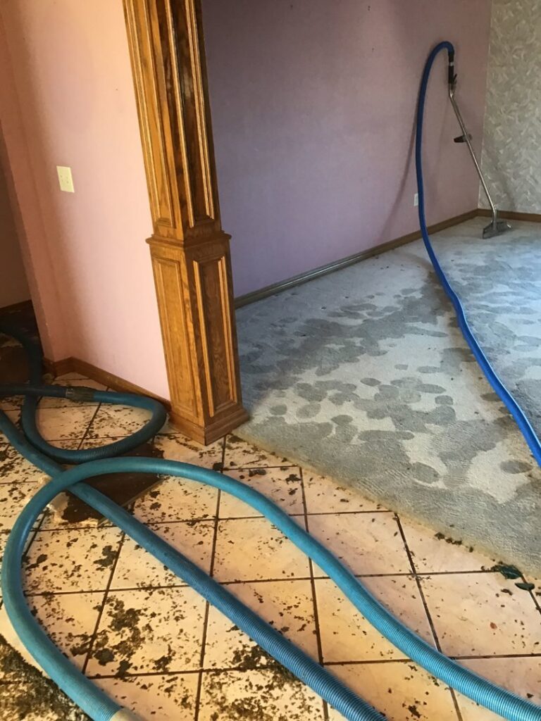 Water extraction hoses on a wet carpet and tiled floor during water damage cleanup by Service Professionals in Edmond, OK.