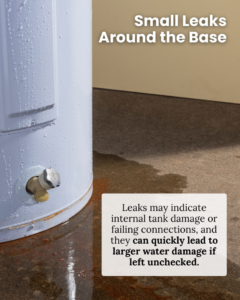 A water heater leaking around its base, causing a puddle on the floor, indicating potential water damage in Hobbs, NM by Master Plumbers LLC.