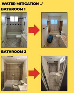 Water mitigation and bathroom demolition work by 4 Seasons Restoration LLC in Midvale, UT, showing before and after.