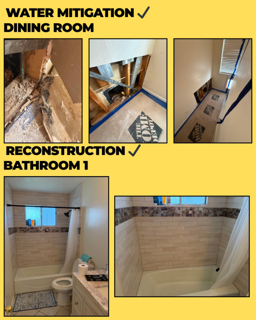 Water mitigation in a dining room and bathroom reconstruction by 4 Seasons Restoration LLC in Midvale, UT.