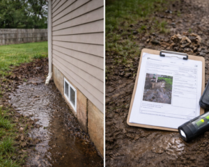 Water pooling around a house foundation with an inspection report on muddy ground by Proshield Waterproofing & Restoration in Overland Park, KS