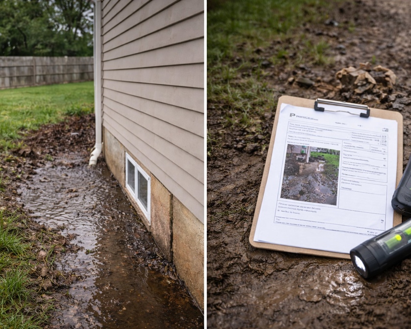 Water pooling around a house foundation with an inspection report on muddy ground by Proshield Waterproofing & Restoration in Overland Park, KS