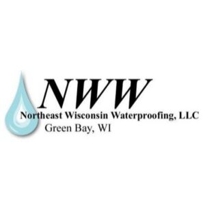 A concrete wall with a vertical crack and extensive water staining, indicating severe water damage addressed by Northeast Wisconsin Waterproofing, LLC in Green Bay, WI.