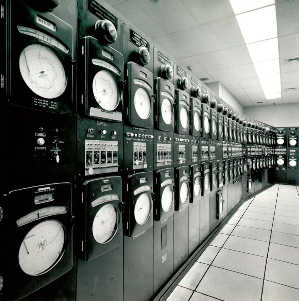 A detailed view of a water system control room with numerous gauges and meters at Honolulu Board of Water Supply in Honolulu, HI.