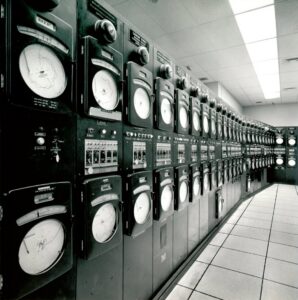 A detailed view of a water system control room with numerous gauges and meters at Honolulu Board of Water Supply in Honolulu, HI.