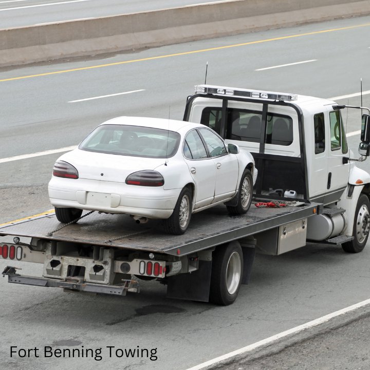 A white car being transported on a flatbed tow truck on a highway by Fort Benning Towing in Columbus, GA