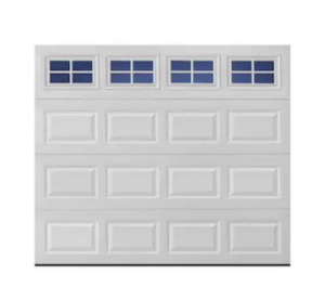 A white garage door with four top windows, available from Frontier Garage Door in Anchorage, AK.