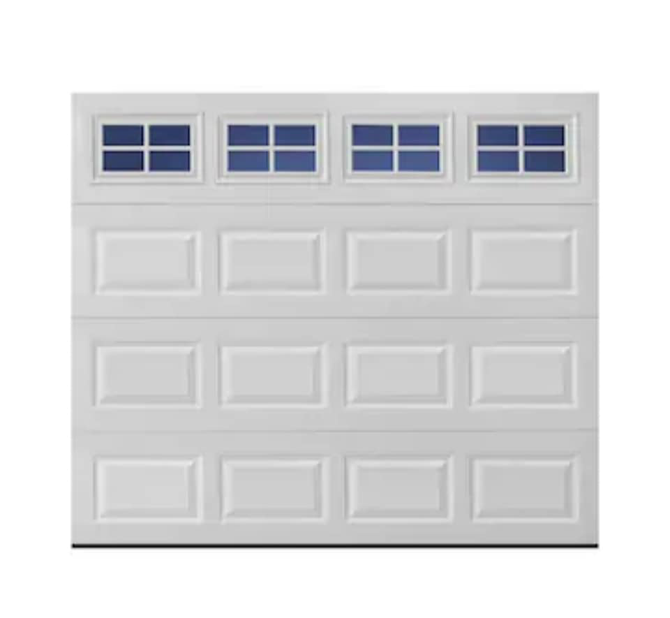 A white garage door with four top windows, available from Frontier Garage Door in Anchorage, AK.