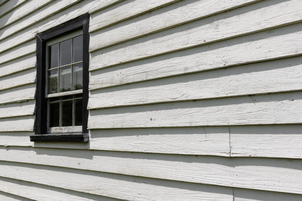 Detailed view of white horizontal siding with a black-framed window, a project by Ideal Siding Nashville, TN.