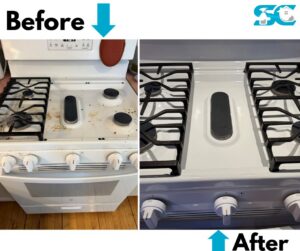 Before and after comparison of a dirty white stove top cleaned by So Clean Cleaning Services in East Providence, RI