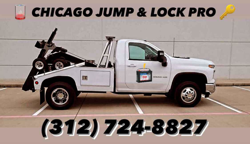 A white tow truck from Chicago Jump & Lock Pro parked in Chicago, IL, equipped for roadside assistance.