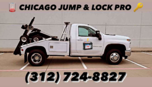 A white tow truck from Chicago Jump & Lock Pro parked in Chicago, IL, equipped for roadside assistance.