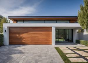 A wide modern wooden garage door on a contemporary house, installed by Summit-Overhead-Door in Sparks, NV.