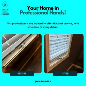 Before and after of dirty window blinds cleaned by Costa cleaning services in Salisbury, MD.