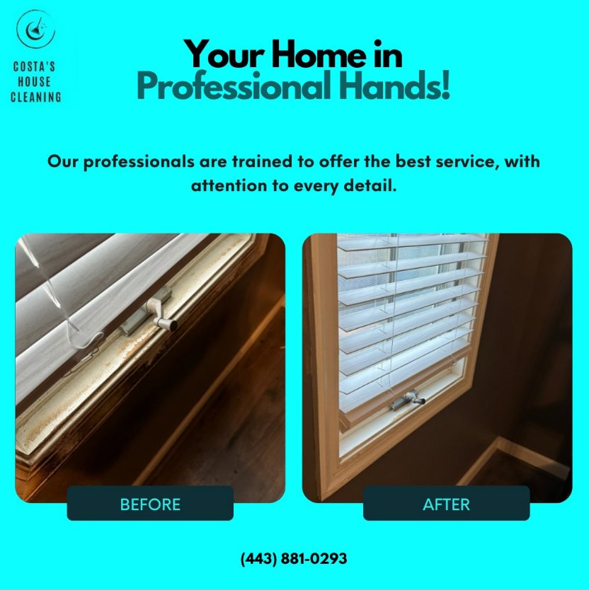 Before and after of dirty window blinds cleaned by Costa cleaning services in Salisbury, MD.