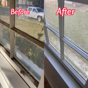 Before and after comparison of a clean window by Brittany's Cleaning Service in Fort Deposit, AL