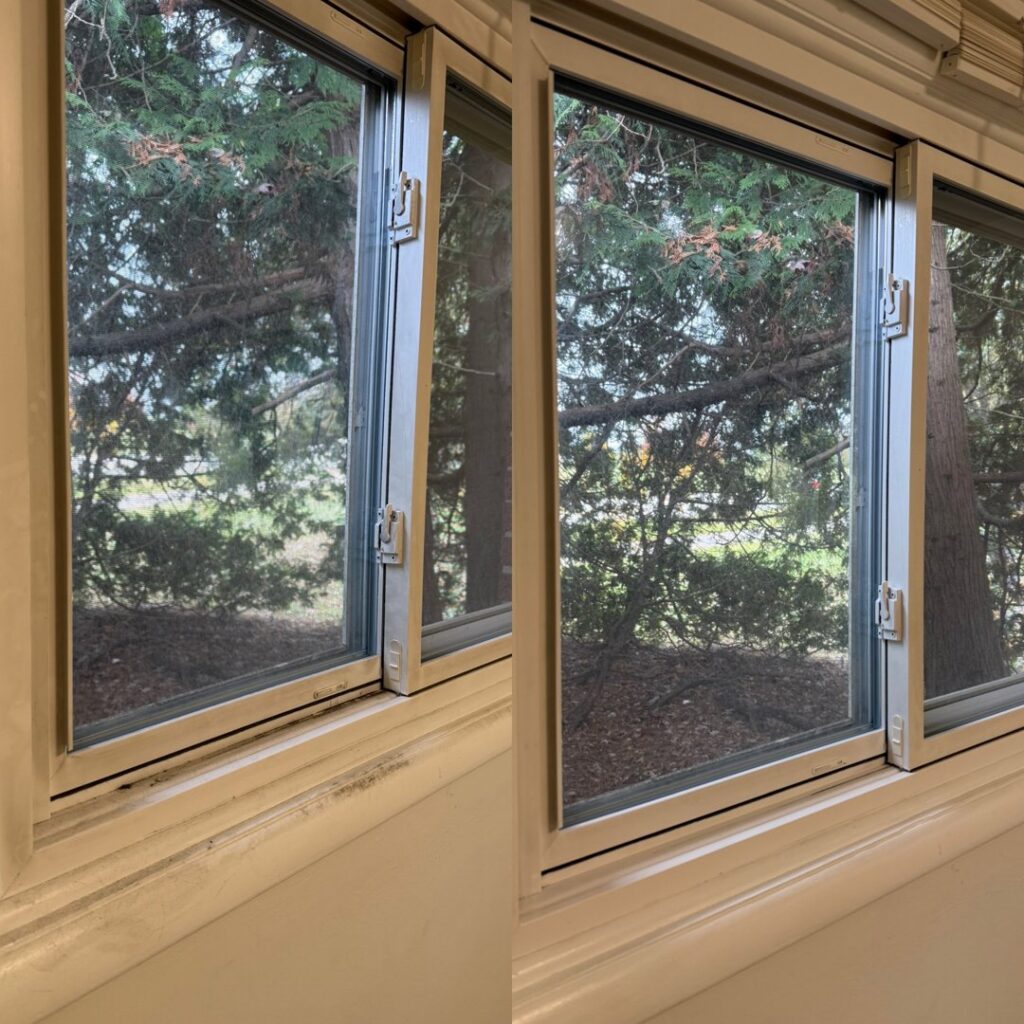 Clean window frame and glass after professional window cleaning by GentleNest Home Cleaning in Livonia, MI.