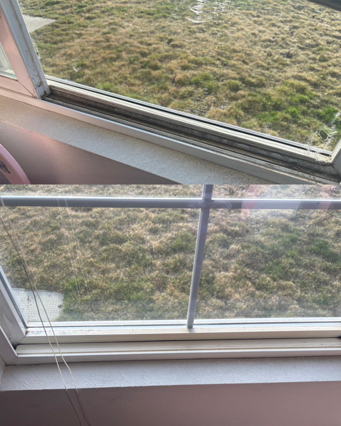 Before and after photos of a clean window sill and glass, demonstrating services by Sheridan Spotless Spaces, LLC in Sheridan, WY.