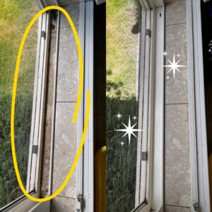 A before and after comparison of a dirty and clean window track by Splash Pros Pressure Washing in Reno, NV.