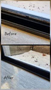 A dirty window track before and after thorough cleaning by Wisconsin Cleaners LLC in Green Bay, WI.