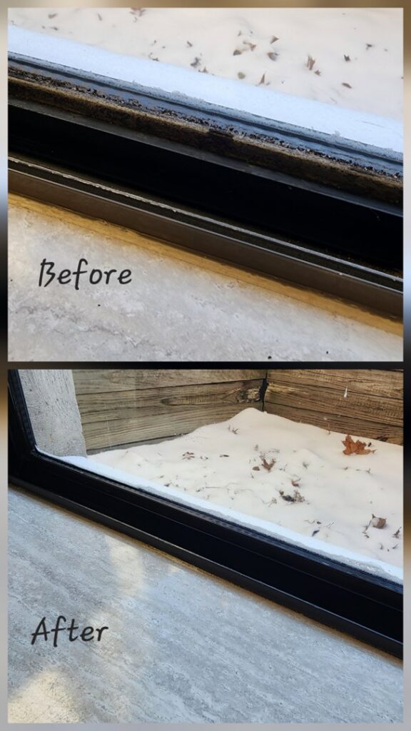 A dirty window track before and after thorough cleaning by Wisconsin Cleaners LLC in Green Bay, WI.