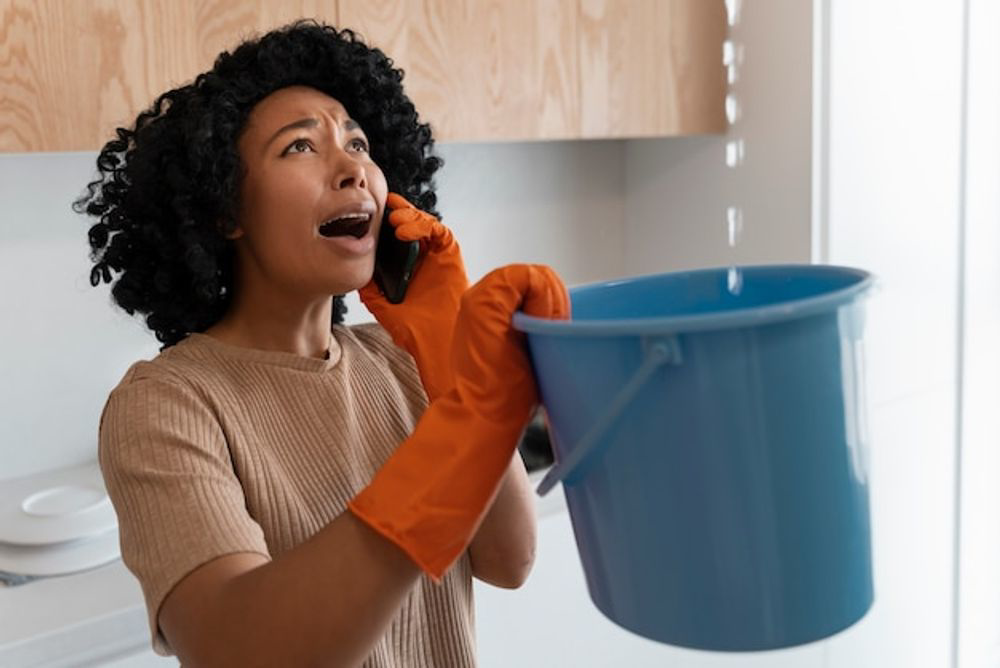 A woman catching water from a ceiling leak with a bucket, indicating a water damage emergency in Tulalip, WA.
