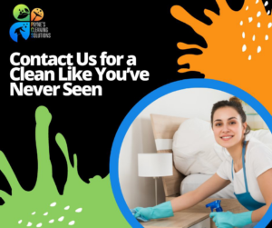 A woman in gloves and an apron cleaning a bedroom table with a spray bottle for Paynes Cleaning Solutions in Charlotte, NC