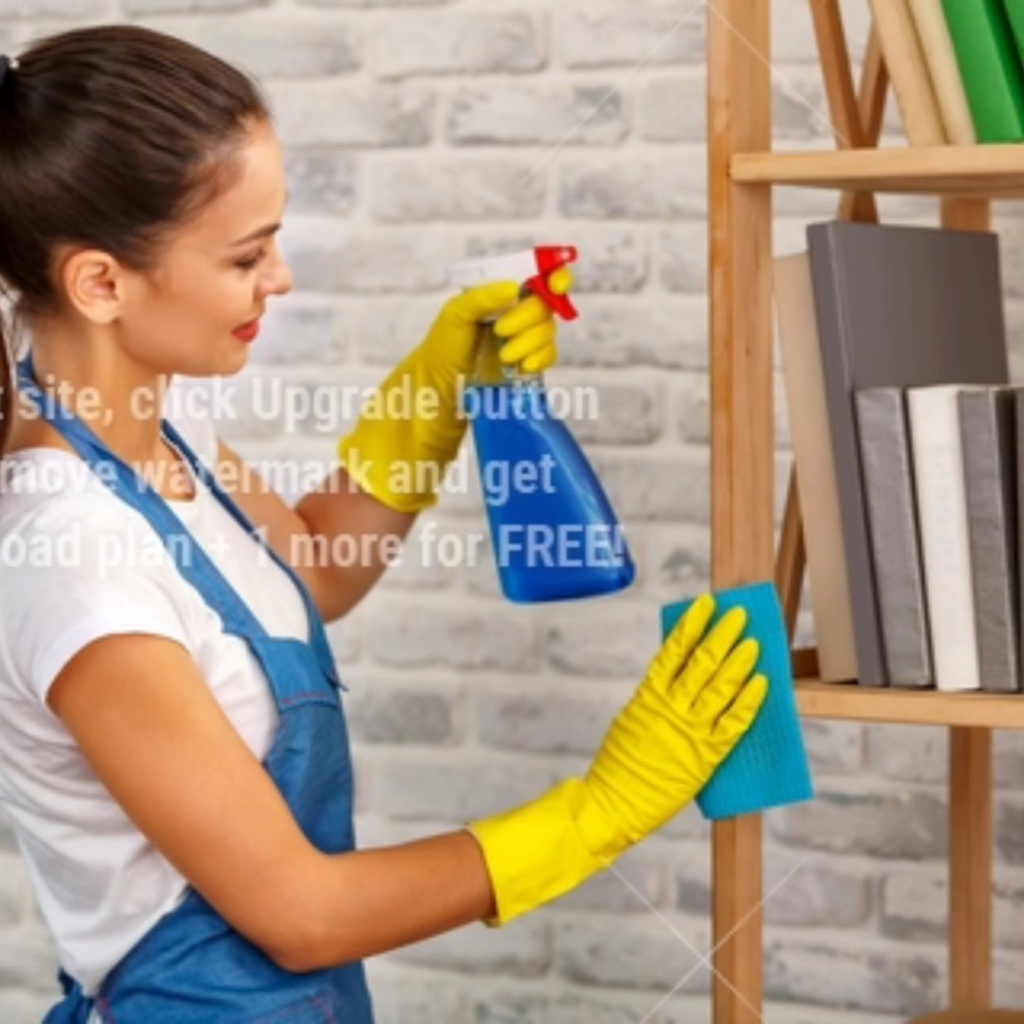 A woman in an apron and yellow gloves cleaning a bookshelf at Jessica's sparkling services in Pekin, IL