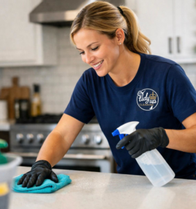 A smiling Tidy Up Cleaning professional in black gloves sprays and wipes a kitchen countertop in Wilmington, NC.