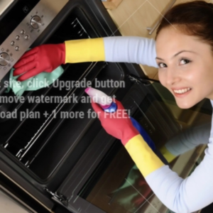 A smiling woman in colorful gloves meticulously cleaning an oven for Jessica's sparkling services in Pekin, IL