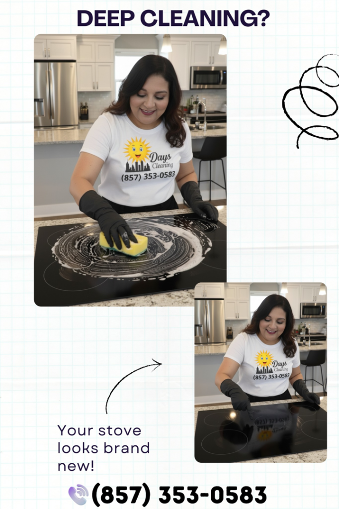 A Days Cleaning professional wearing gloves, deep cleaning a stovetop in a kitchen in Brockton, MA.