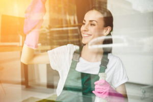 A smiling woman in pink gloves cleaning a window with a cloth and spray bottle for Clara's Cleaning LLC in Oklahoma City, OK.