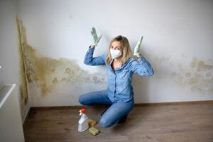 A woman in protective gear (mask and gloves) inspecting and preparing to remediate extensive mold on a wall caused by water damage for 24HR Flood Pros of OKC in Oklahoma City, OK.