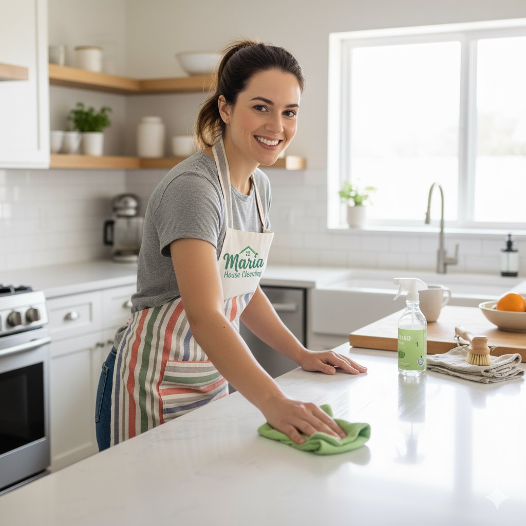 A smiling woman wearing an apron with the Mariahs House cleaning logo, wiping a kitchen counter in Renton, WA.