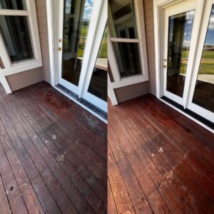 A before and after comparison of a dirty and clean wooden deck by Splash Pros Pressure Washing in Reno, NV.