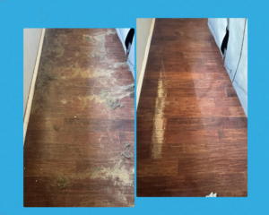 Before and after photos of a dirty and then sparkling clean wooden floor by Okie Clean Bee in Tulsa, OK