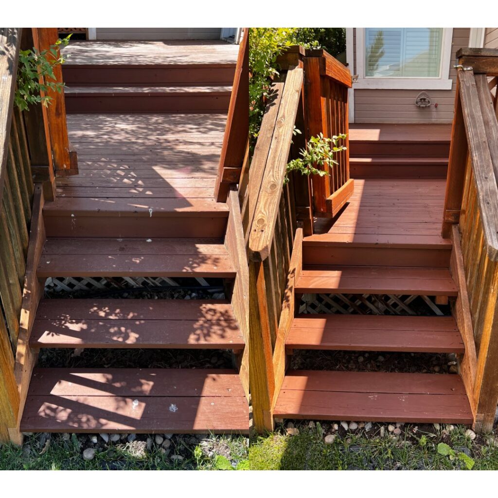 Before and after of wooden outdoor stairs cleaned by Splash Pros Pressure Washing in Reno, NV.