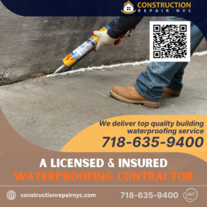 A worker applying sealant to a concrete surface for waterproofing by Construction Repair NYC in Jamaica, NY