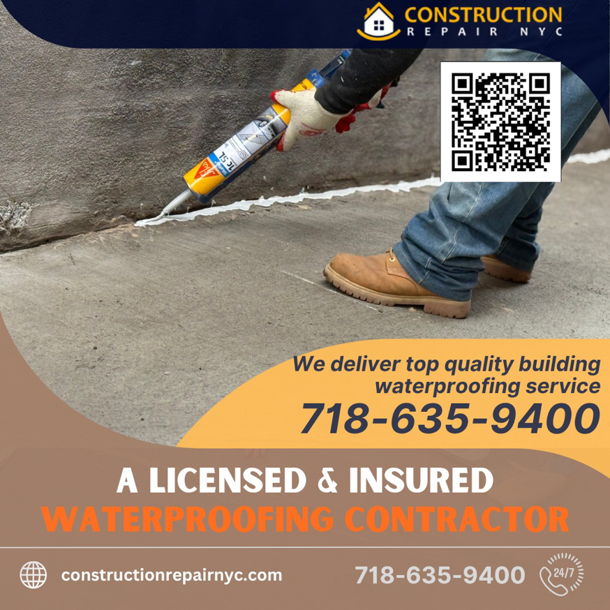 A worker applying sealant to a concrete surface for waterproofing by Construction Repair NYC in Jamaica, NY