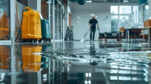 A worker extracting water from a flooded office floor using specialized equipment, performed by Certified Restoration in San Diego, CA