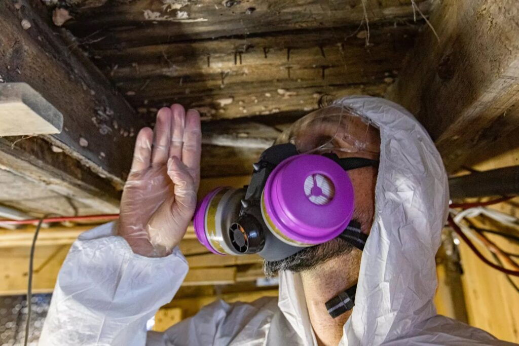 A Rescue One Restoration worker in a hazmat suit inspecting a moldy ceiling, performing mold remediation in Honolulu, HI.