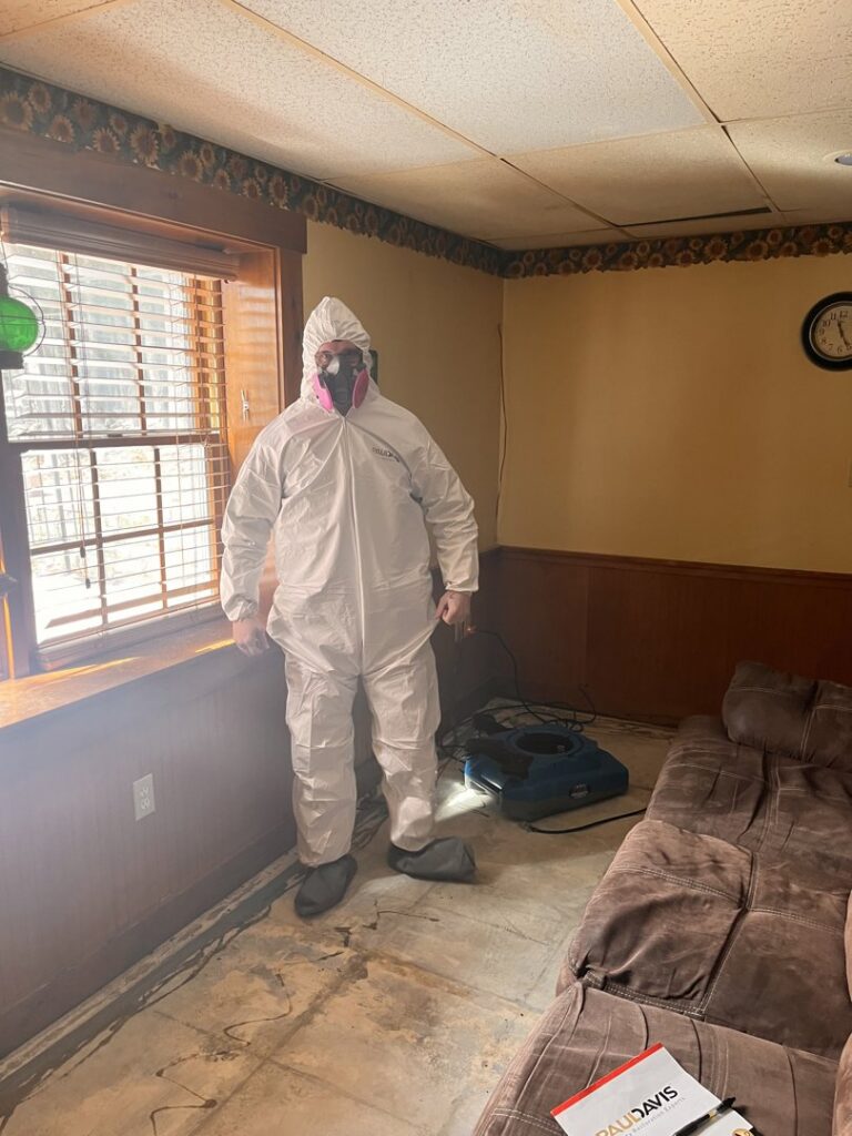 A Paul Davis Restoration of Greater Portland, ME worker in a hazmat suit and respirator performing water damage remediation.